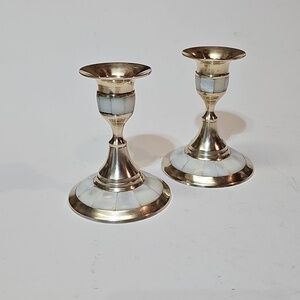 S/2 Polished Brass Taper Candle Candlestick Holders w/ Mother of Pearl Inlays